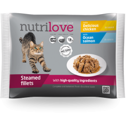 NUTRILOVE saszetki dla kota PAKIET 2 ŁOSOŚ/ 2 KURCZAK W SOSIE 4x85g